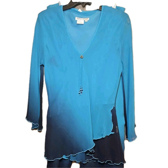 Nancy Bolen City Girl Women's Sz M Blue/Black Ombre 100% Silk 2pc Pant Suit - Picture 3 of 7